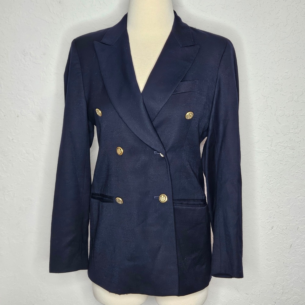 Austin Reed Navy Blue Merino Wool Cashmere Double Breasted Blazer Gold Button 6P